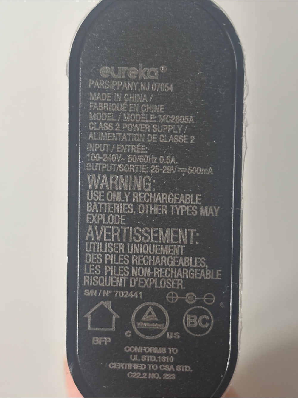 Eureka Black Replacement Power Adapter for Rechargeable Devices